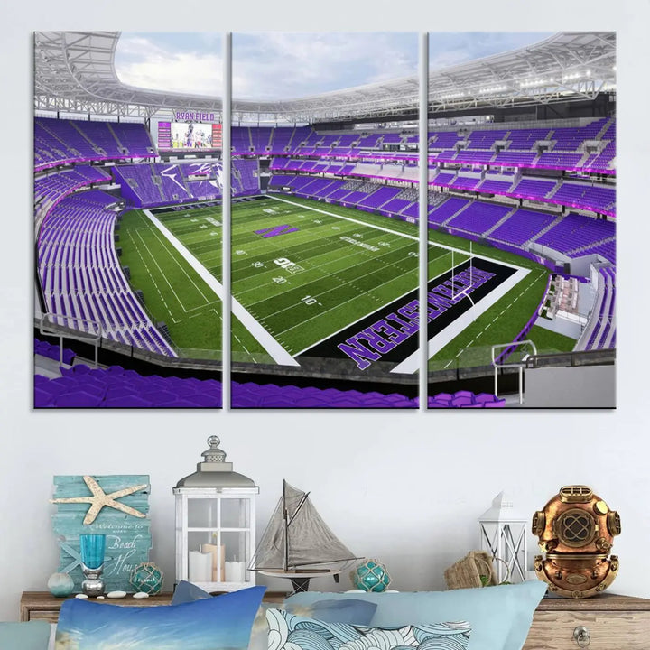 A Northwestern University Wildcats Football Team print of Evanston Ryan Field, featuring a purple-themed football stadium, elegantly hangs on the wall. This wall art boasts a gallery-quality finish on premium canvas to add sophistication to any space.