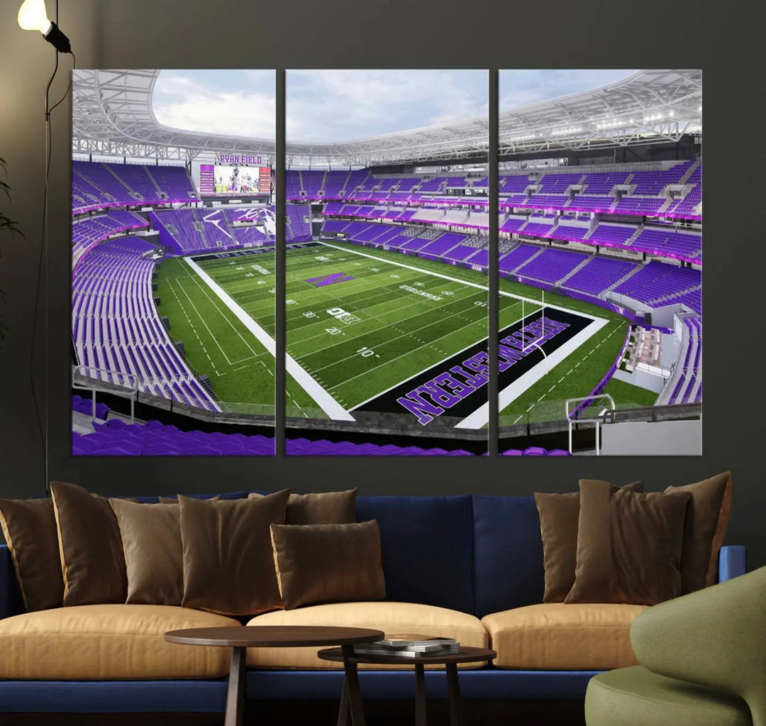 A Northwestern University Wildcats Football Team print of Evanston Ryan Field, featuring a purple-themed football stadium, elegantly hangs on the wall. This wall art boasts a gallery-quality finish on premium canvas to add sophistication to any space.