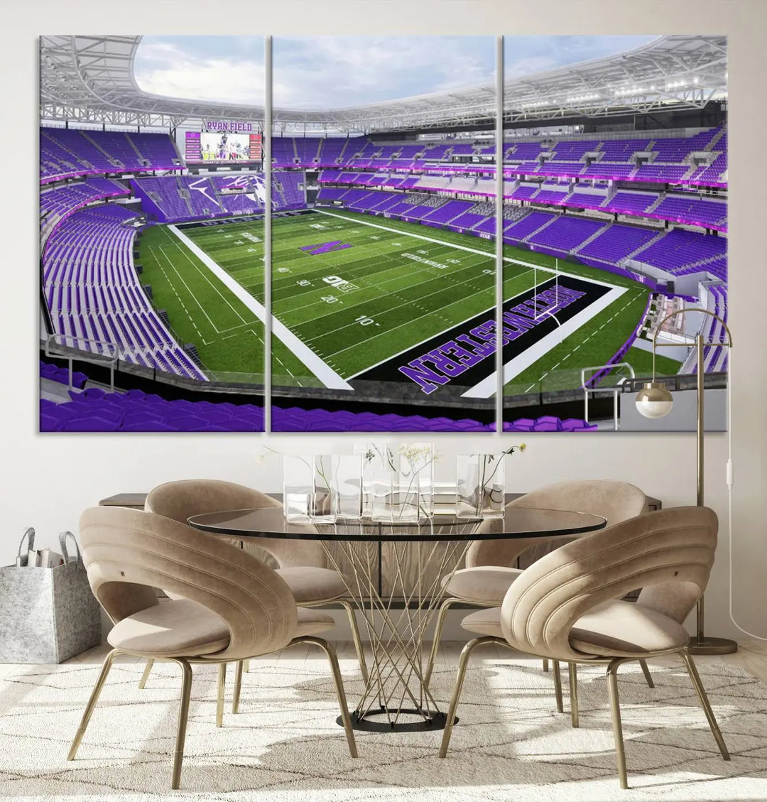 A Northwestern University Wildcats Football Team print of Evanston Ryan Field, featuring a purple-themed football stadium, elegantly hangs on the wall. This wall art boasts a gallery-quality finish on premium canvas to add sophistication to any space.