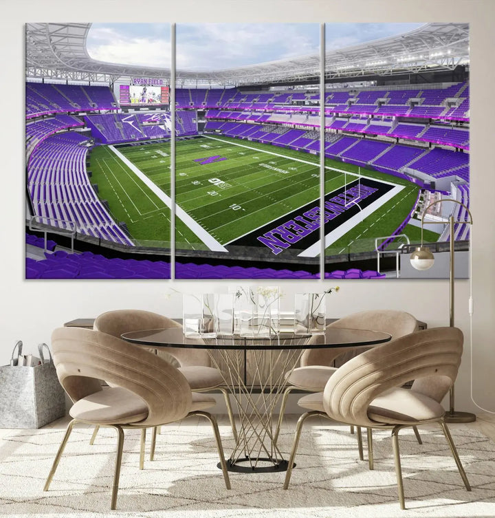 A Northwestern University Wildcats Football Team print of Evanston Ryan Field, featuring a purple-themed football stadium, elegantly hangs on the wall. This wall art boasts a gallery-quality finish on premium canvas to add sophistication to any space.