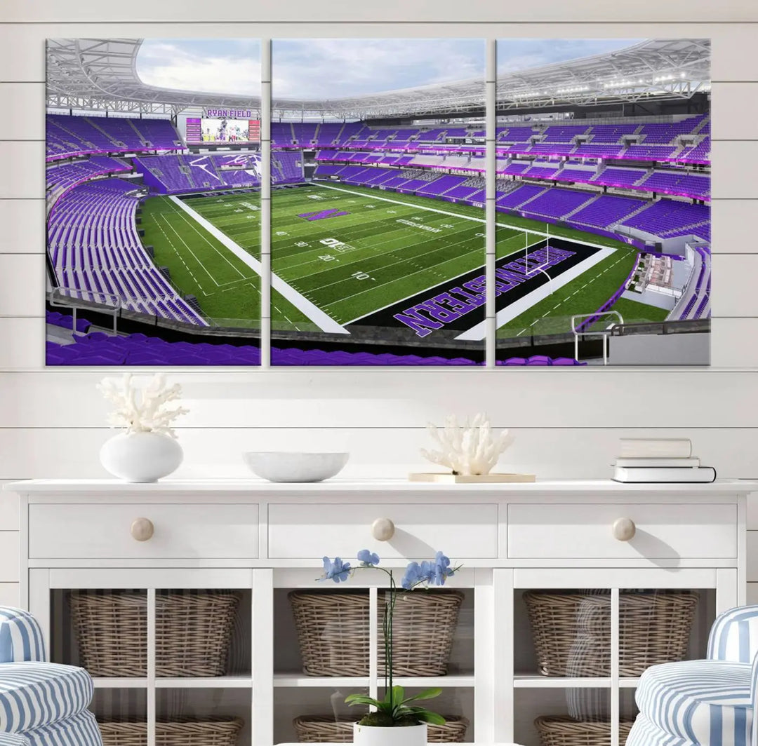 A Northwestern University Wildcats Football Team print of Evanston Ryan Field, featuring a purple-themed football stadium, elegantly hangs on the wall. This wall art boasts a gallery-quality finish on premium canvas to add sophistication to any space.