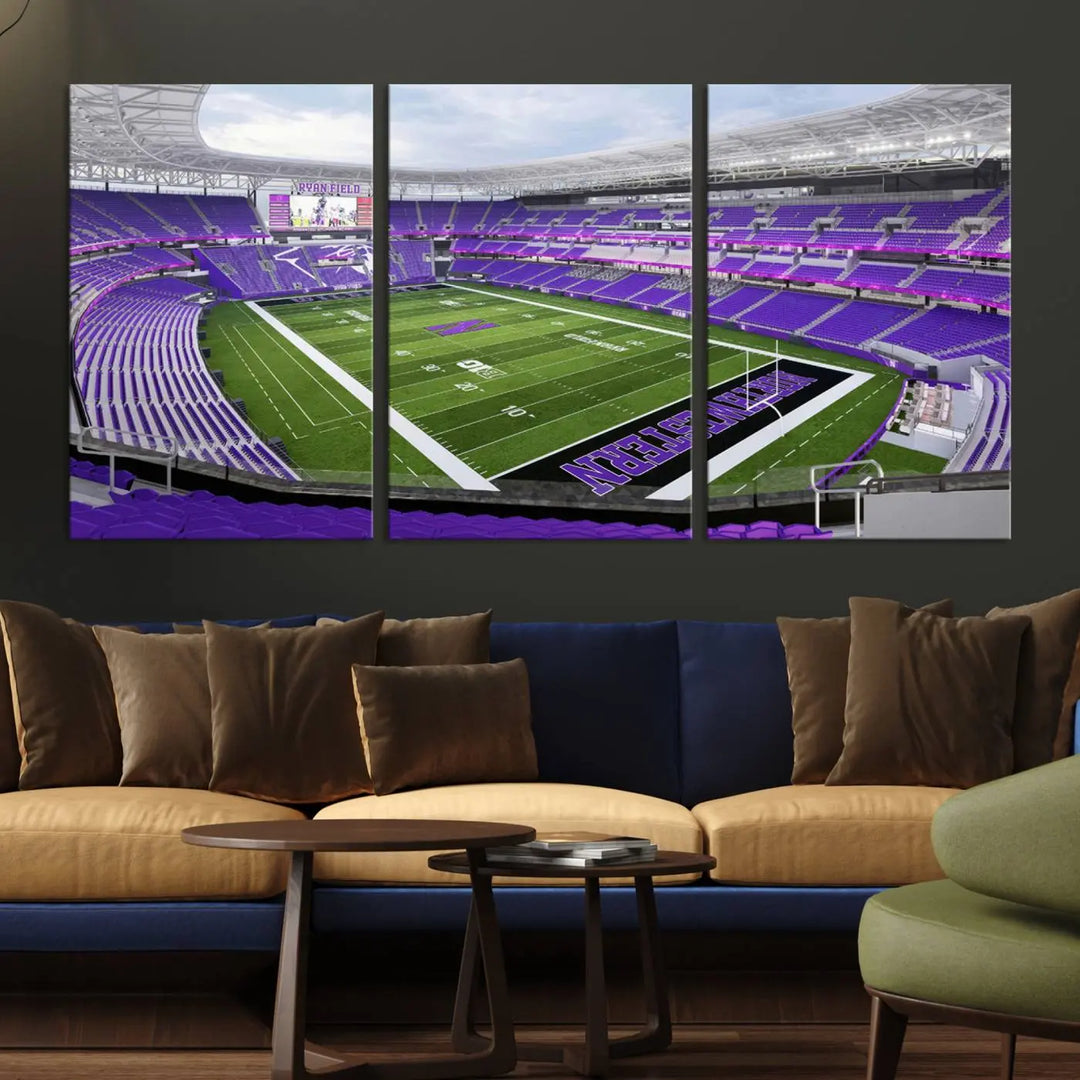 A Northwestern University Wildcats Football Team print of Evanston Ryan Field, featuring a purple-themed football stadium, elegantly hangs on the wall. This wall art boasts a gallery-quality finish on premium canvas to add sophistication to any space.