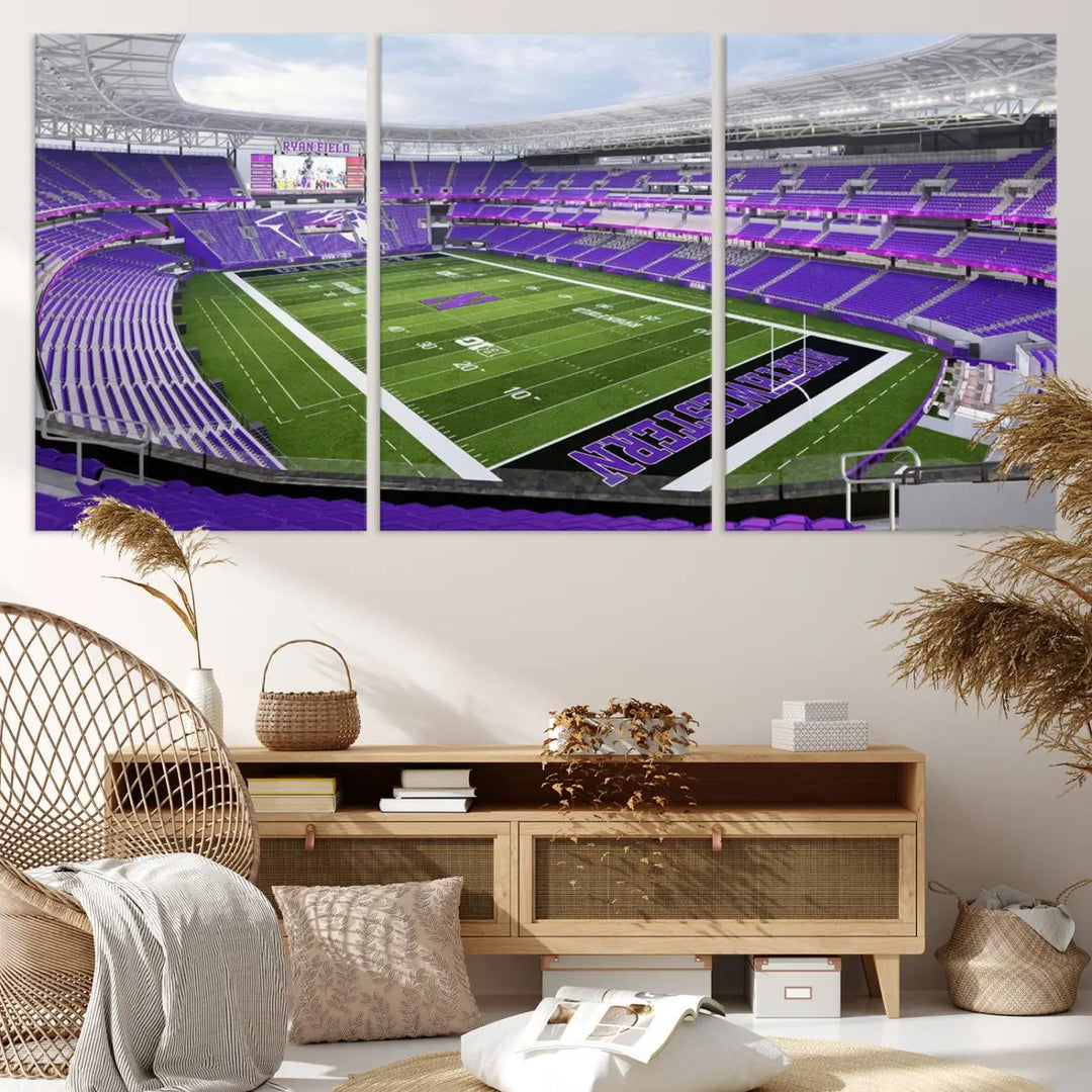 A Northwestern University Wildcats Football Team print of Evanston Ryan Field, featuring a purple-themed football stadium, elegantly hangs on the wall. This wall art boasts a gallery-quality finish on premium canvas to add sophistication to any space.