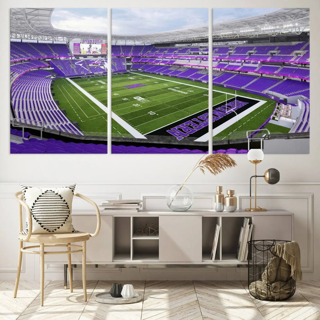 A Northwestern University Wildcats Football Team print of Evanston Ryan Field, featuring a purple-themed football stadium, elegantly hangs on the wall. This wall art boasts a gallery-quality finish on premium canvas to add sophistication to any space.