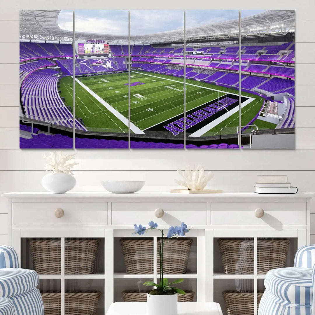 A Northwestern University Wildcats Football Team print of Evanston Ryan Field, featuring a purple-themed football stadium, elegantly hangs on the wall. This wall art boasts a gallery-quality finish on premium canvas to add sophistication to any space.