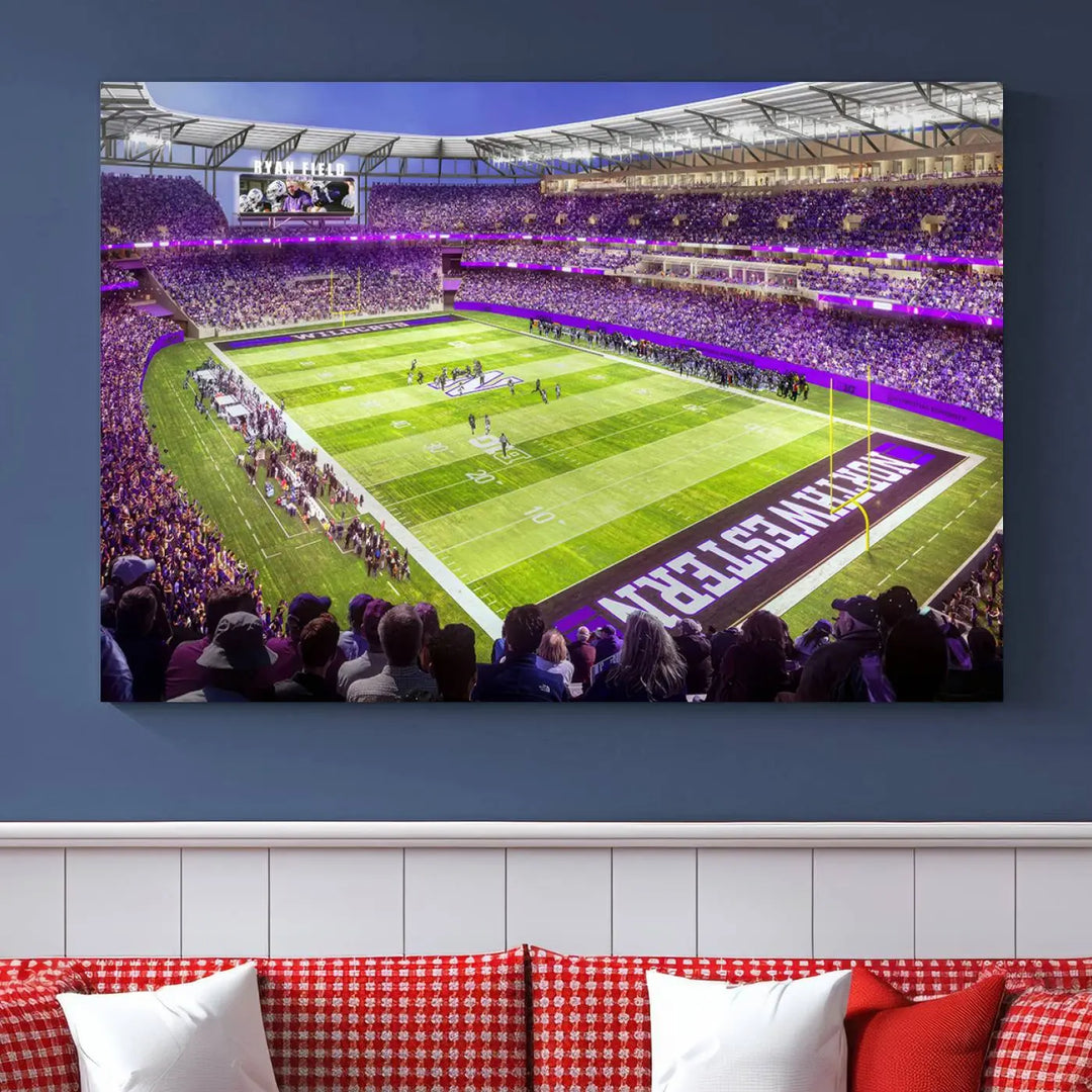 Enhance your space with the Northwestern University Wildcats Football Team Print - Evanston Ryan Field Wall Art Canvas Print, an elegant gallery-quality piece that brings the excitement of a football stadium to life.