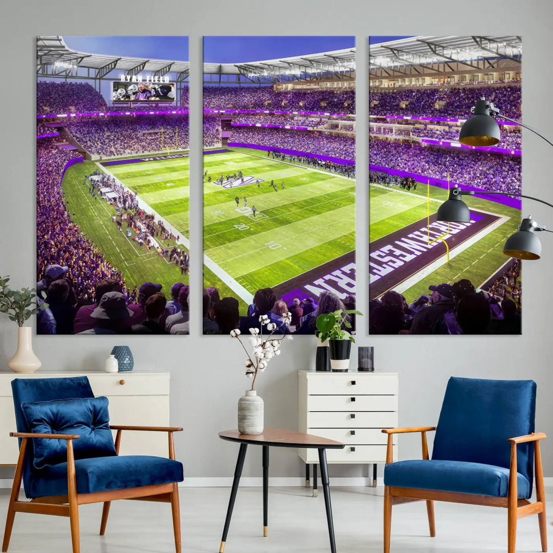 Enhance your space with the Northwestern University Wildcats Football Team Print - Evanston Ryan Field Wall Art Canvas Print, an elegant gallery-quality piece that brings the excitement of a football stadium to life.