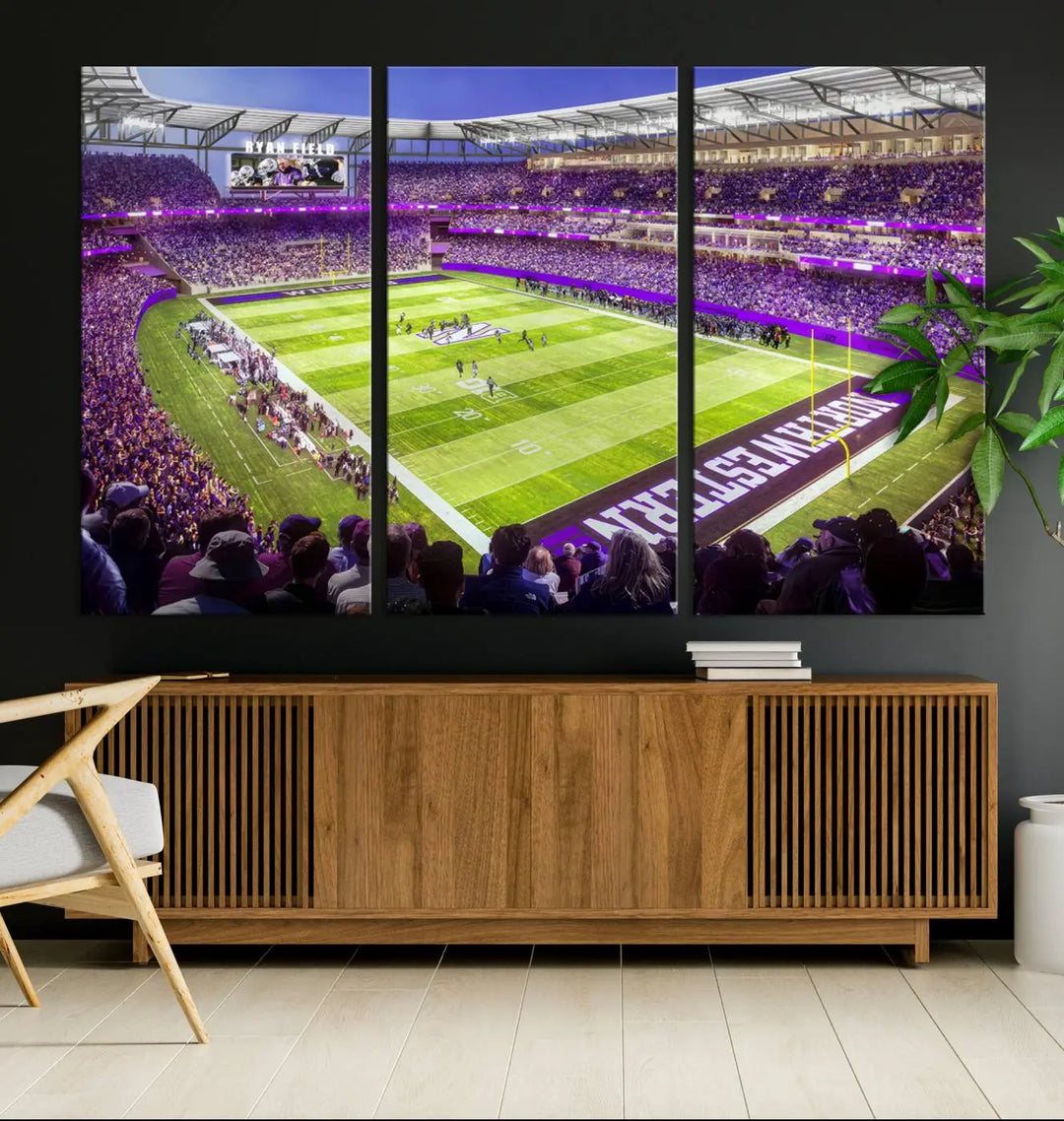 Enhance your space with the Northwestern University Wildcats Football Team Print - Evanston Ryan Field Wall Art Canvas Print, an elegant gallery-quality piece that brings the excitement of a football stadium to life.