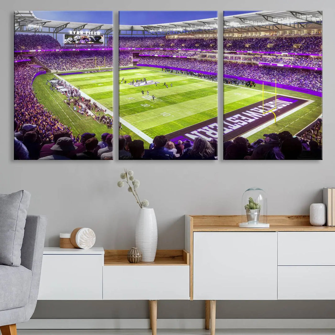 Enhance your space with the Northwestern University Wildcats Football Team Print - Evanston Ryan Field Wall Art Canvas Print, an elegant gallery-quality piece that brings the excitement of a football stadium to life.