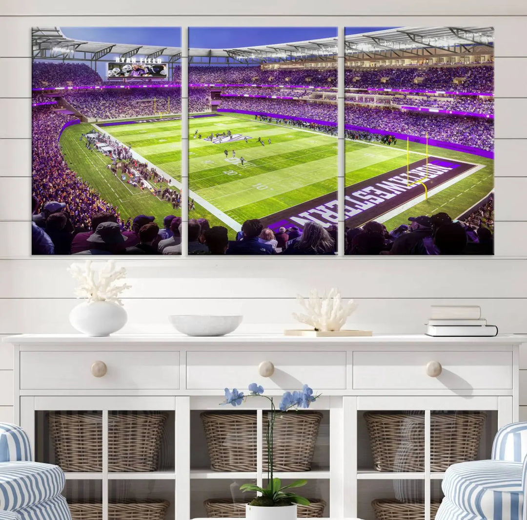 Enhance your space with the Northwestern University Wildcats Football Team Print - Evanston Ryan Field Wall Art Canvas Print, an elegant gallery-quality piece that brings the excitement of a football stadium to life.