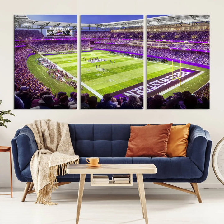 Enhance your space with the Northwestern University Wildcats Football Team Print - Evanston Ryan Field Wall Art Canvas Print, an elegant gallery-quality piece that brings the excitement of a football stadium to life.