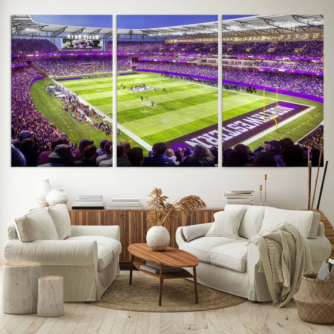 Enhance your space with the Northwestern University Wildcats Football Team Print - Evanston Ryan Field Wall Art Canvas Print, an elegant gallery-quality piece that brings the excitement of a football stadium to life.