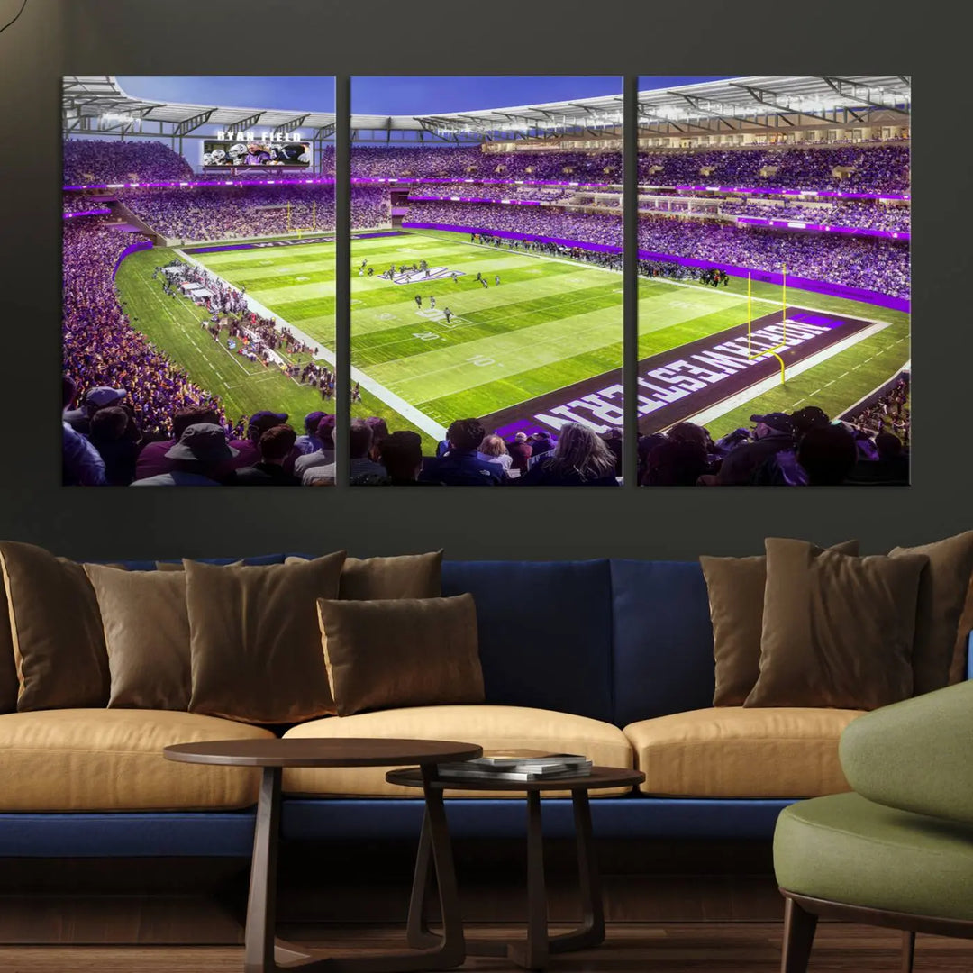 Enhance your space with the Northwestern University Wildcats Football Team Print - Evanston Ryan Field Wall Art Canvas Print, an elegant gallery-quality piece that brings the excitement of a football stadium to life.