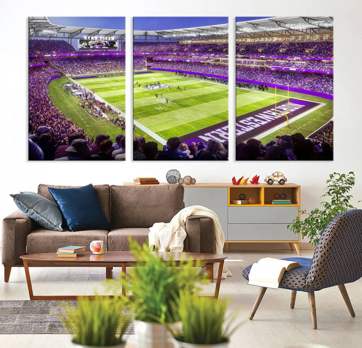 Enhance your space with the Northwestern University Wildcats Football Team Print - Evanston Ryan Field Wall Art Canvas Print, an elegant gallery-quality piece that brings the excitement of a football stadium to life.