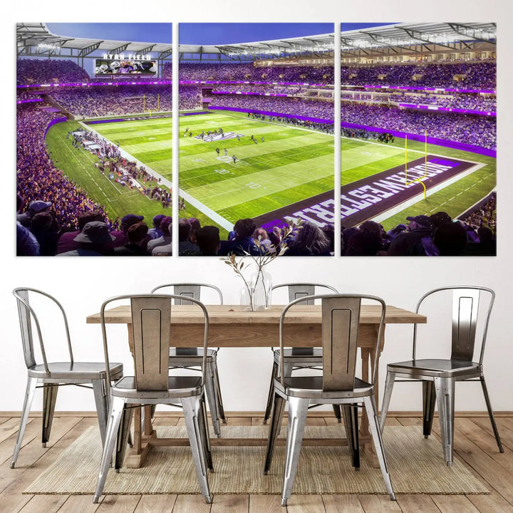 Enhance your space with the Northwestern University Wildcats Football Team Print - Evanston Ryan Field Wall Art Canvas Print, an elegant gallery-quality piece that brings the excitement of a football stadium to life.