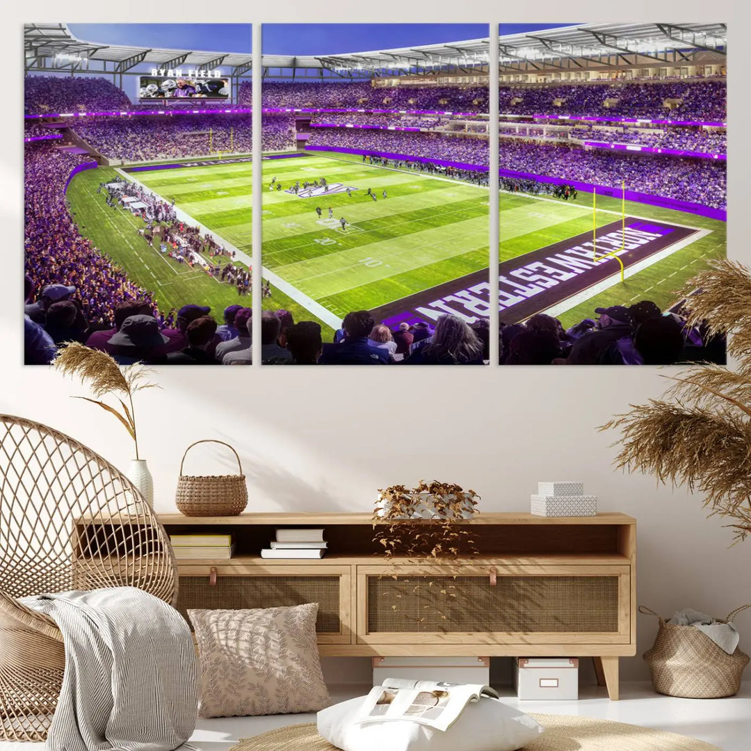 Enhance your space with the Northwestern University Wildcats Football Team Print - Evanston Ryan Field Wall Art Canvas Print, an elegant gallery-quality piece that brings the excitement of a football stadium to life.