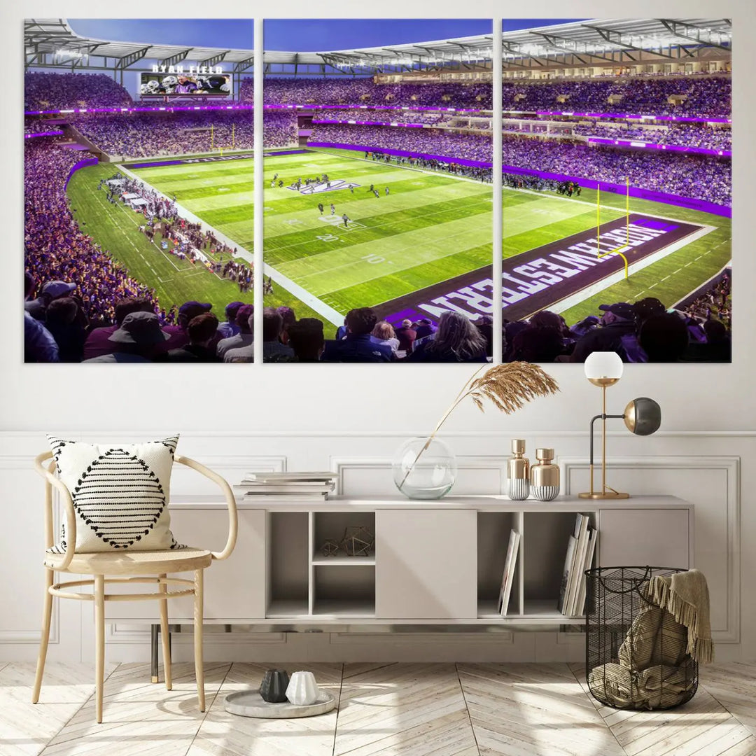 Enhance your space with the Northwestern University Wildcats Football Team Print - Evanston Ryan Field Wall Art Canvas Print, an elegant gallery-quality piece that brings the excitement of a football stadium to life.