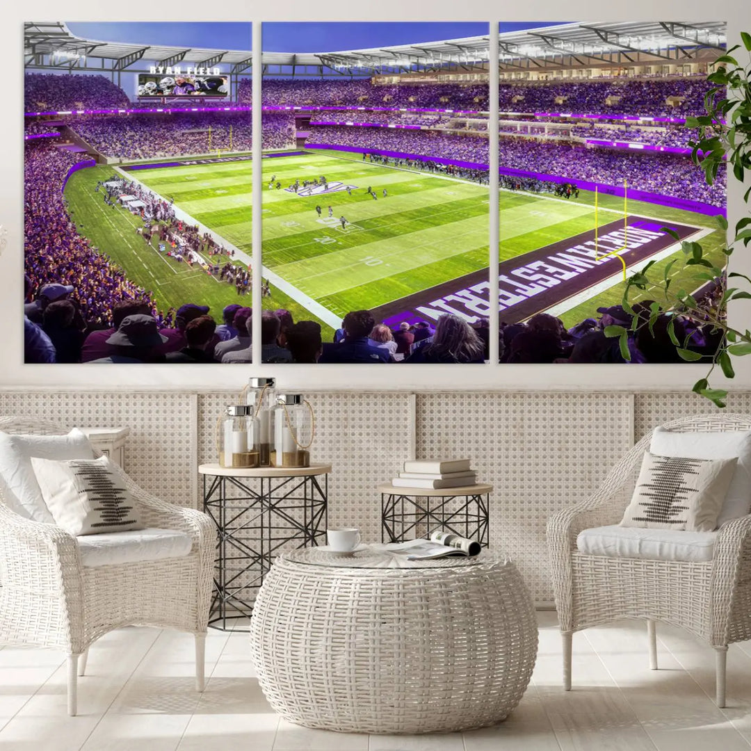 Enhance your space with the Northwestern University Wildcats Football Team Print - Evanston Ryan Field Wall Art Canvas Print, an elegant gallery-quality piece that brings the excitement of a football stadium to life.