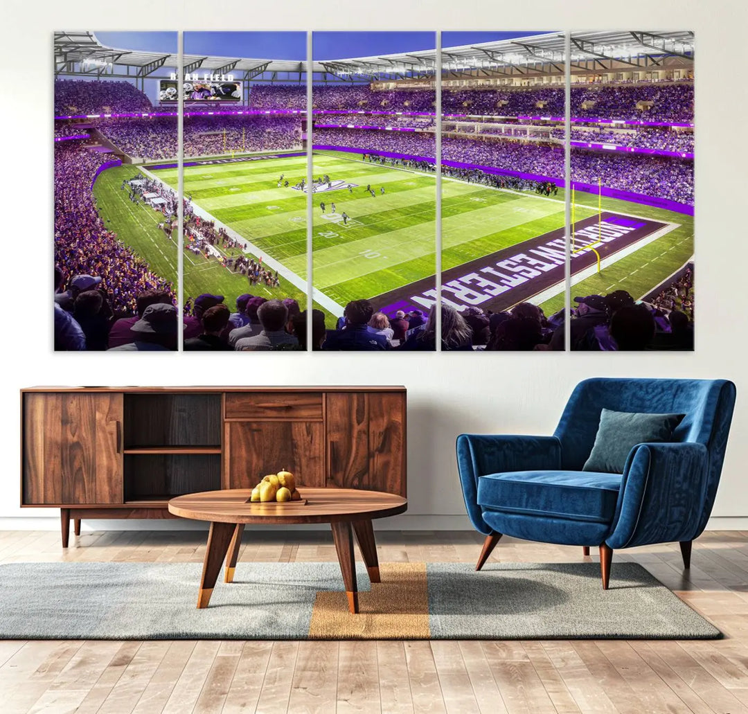 Enhance your space with the Northwestern University Wildcats Football Team Print - Evanston Ryan Field Wall Art Canvas Print, an elegant gallery-quality piece that brings the excitement of a football stadium to life.