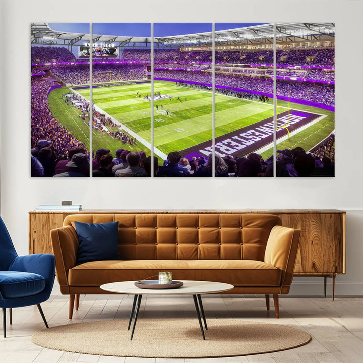 Enhance your space with the Northwestern University Wildcats Football Team Print - Evanston Ryan Field Wall Art Canvas Print, an elegant gallery-quality piece that brings the excitement of a football stadium to life.