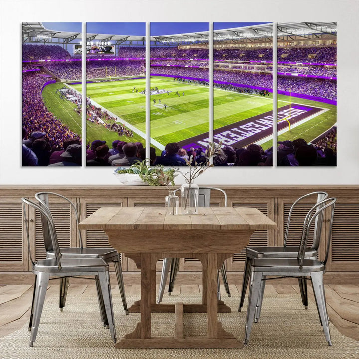 Enhance your space with the Northwestern University Wildcats Football Team Print - Evanston Ryan Field Wall Art Canvas Print, an elegant gallery-quality piece that brings the excitement of a football stadium to life.