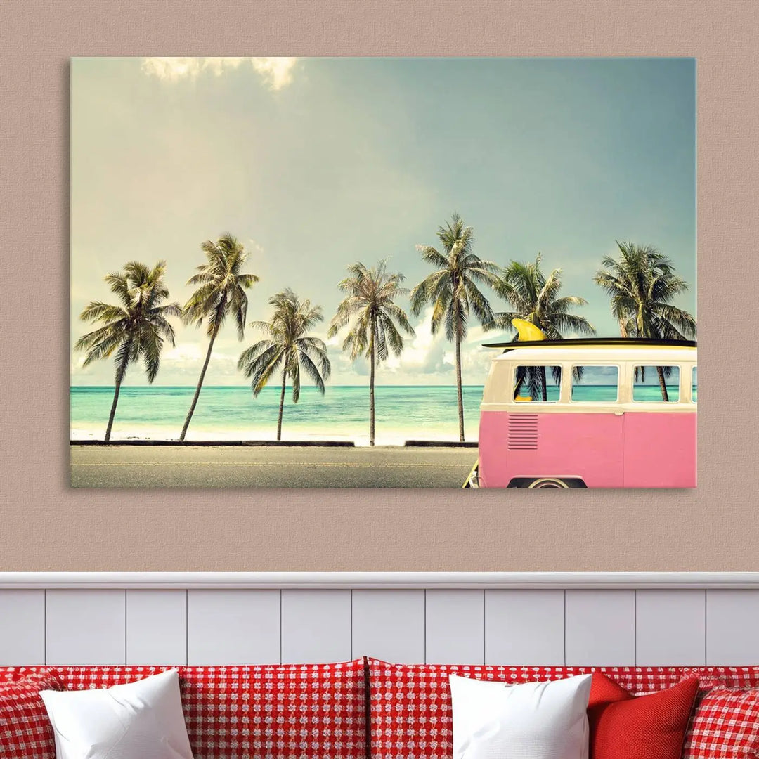 The Nostalgia Lovely Summer Day Canvas Wall Art Print in the modern living room showcases a tropical triptych with palm trees and a vintage van on museum-quality canvases, ready to hang.