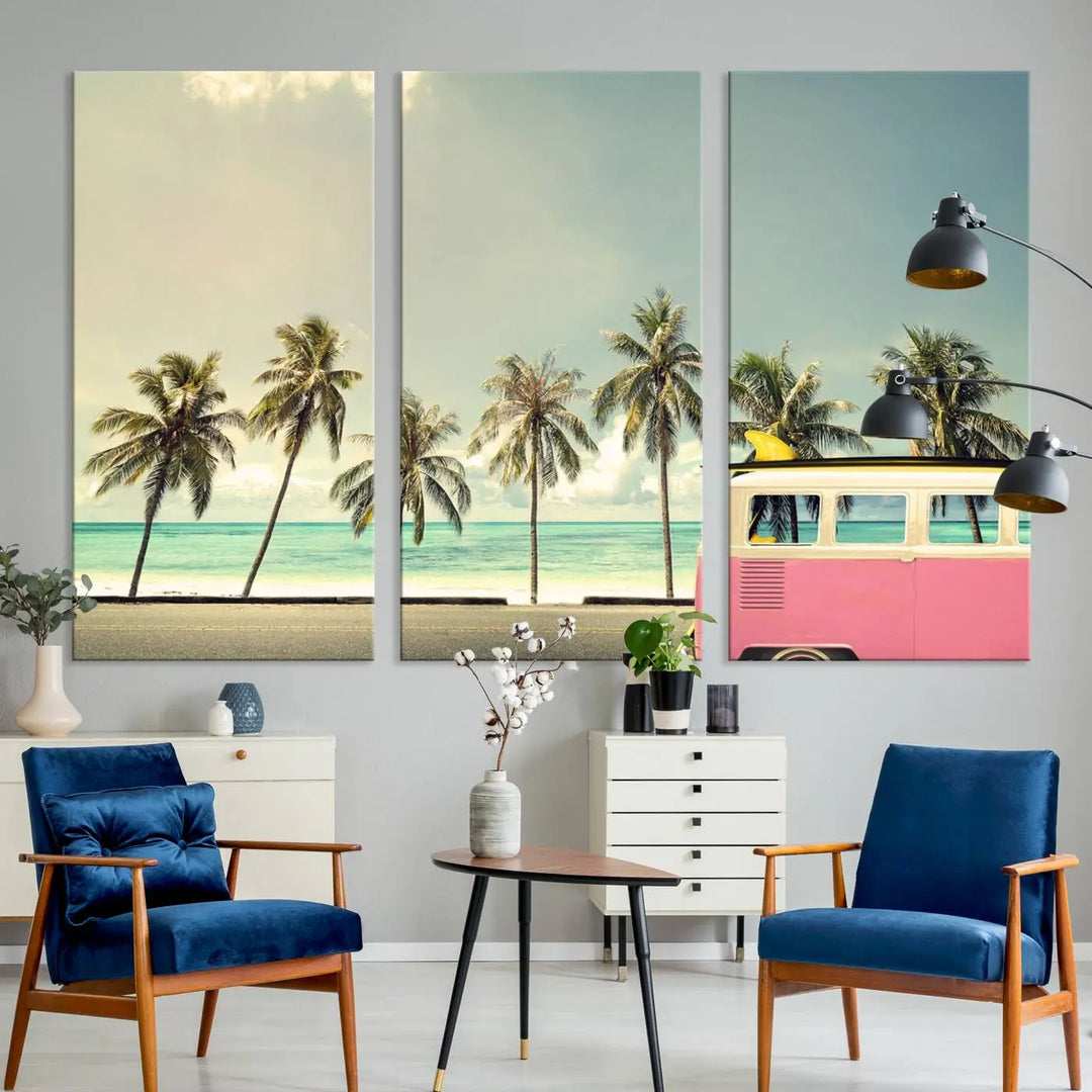 The Nostalgia Lovely Summer Day Canvas Wall Art Print in the modern living room showcases a tropical triptych with palm trees and a vintage van on museum-quality canvases, ready to hang.