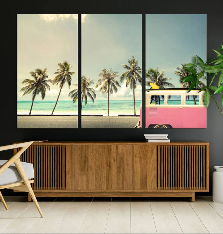 The Nostalgia Lovely Summer Day Canvas Wall Art Print in the modern living room showcases a tropical triptych with palm trees and a vintage van on museum-quality canvases, ready to hang.