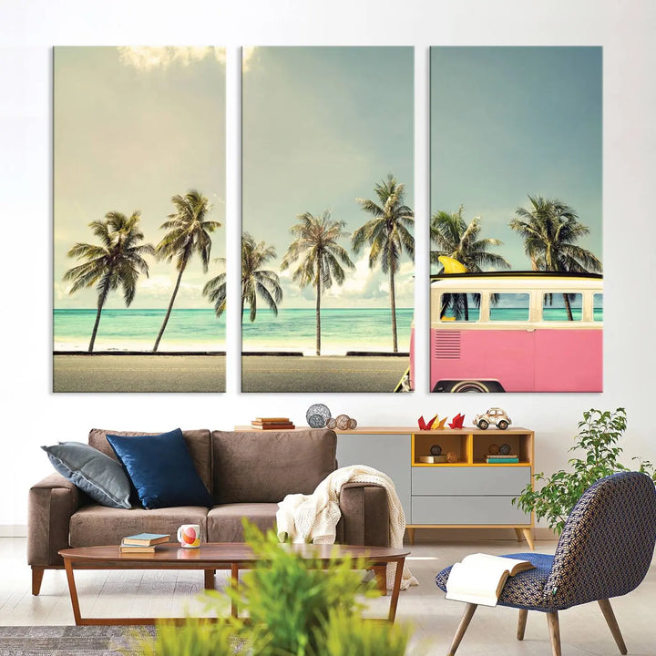 The Nostalgia Lovely Summer Day Canvas Wall Art Print in the modern living room showcases a tropical triptych with palm trees and a vintage van on museum-quality canvases, ready to hang.