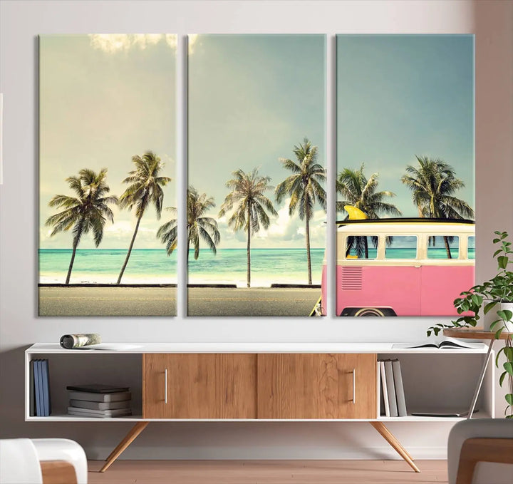 The Nostalgia Lovely Summer Day Canvas Wall Art Print in the modern living room showcases a tropical triptych with palm trees and a vintage van on museum-quality canvases, ready to hang.