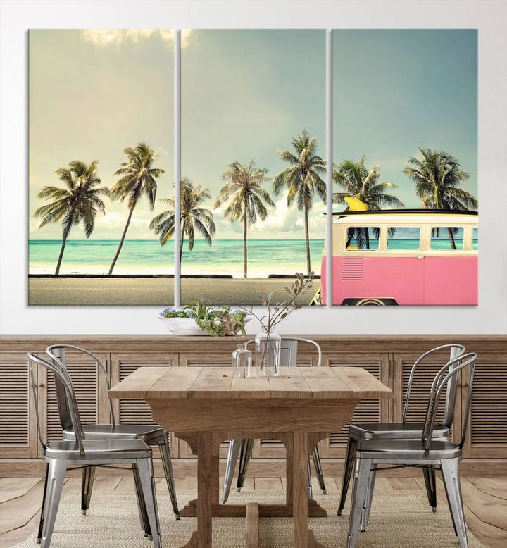 The Nostalgia Lovely Summer Day Canvas Wall Art Print in the modern living room showcases a tropical triptych with palm trees and a vintage van on museum-quality canvases, ready to hang.