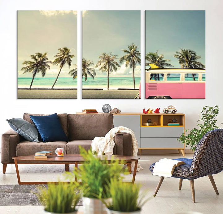 The Nostalgia Lovely Summer Day Canvas Wall Art Print in the modern living room showcases a tropical triptych with palm trees and a vintage van on museum-quality canvases, ready to hang.