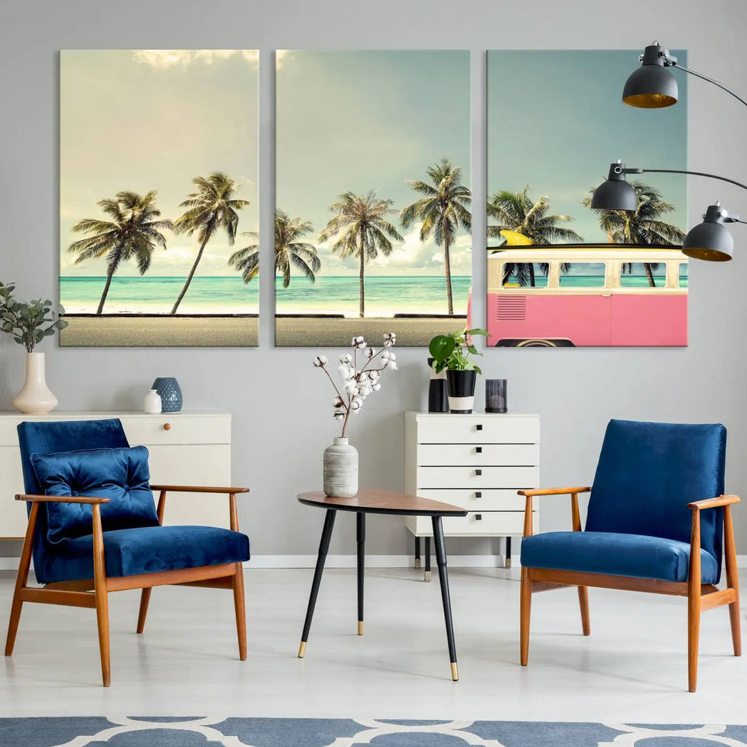 The Nostalgia Lovely Summer Day Canvas Wall Art Print in the modern living room showcases a tropical triptych with palm trees and a vintage van on museum-quality canvases, ready to hang.