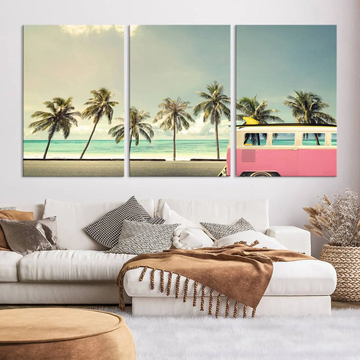 The Nostalgia Lovely Summer Day Canvas Wall Art Print in the modern living room showcases a tropical triptych with palm trees and a vintage van on museum-quality canvases, ready to hang.