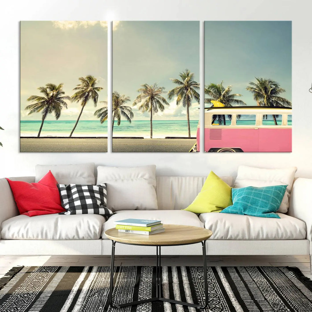 The Nostalgia Lovely Summer Day Canvas Wall Art Print in the modern living room showcases a tropical triptych with palm trees and a vintage van on museum-quality canvases, ready to hang.