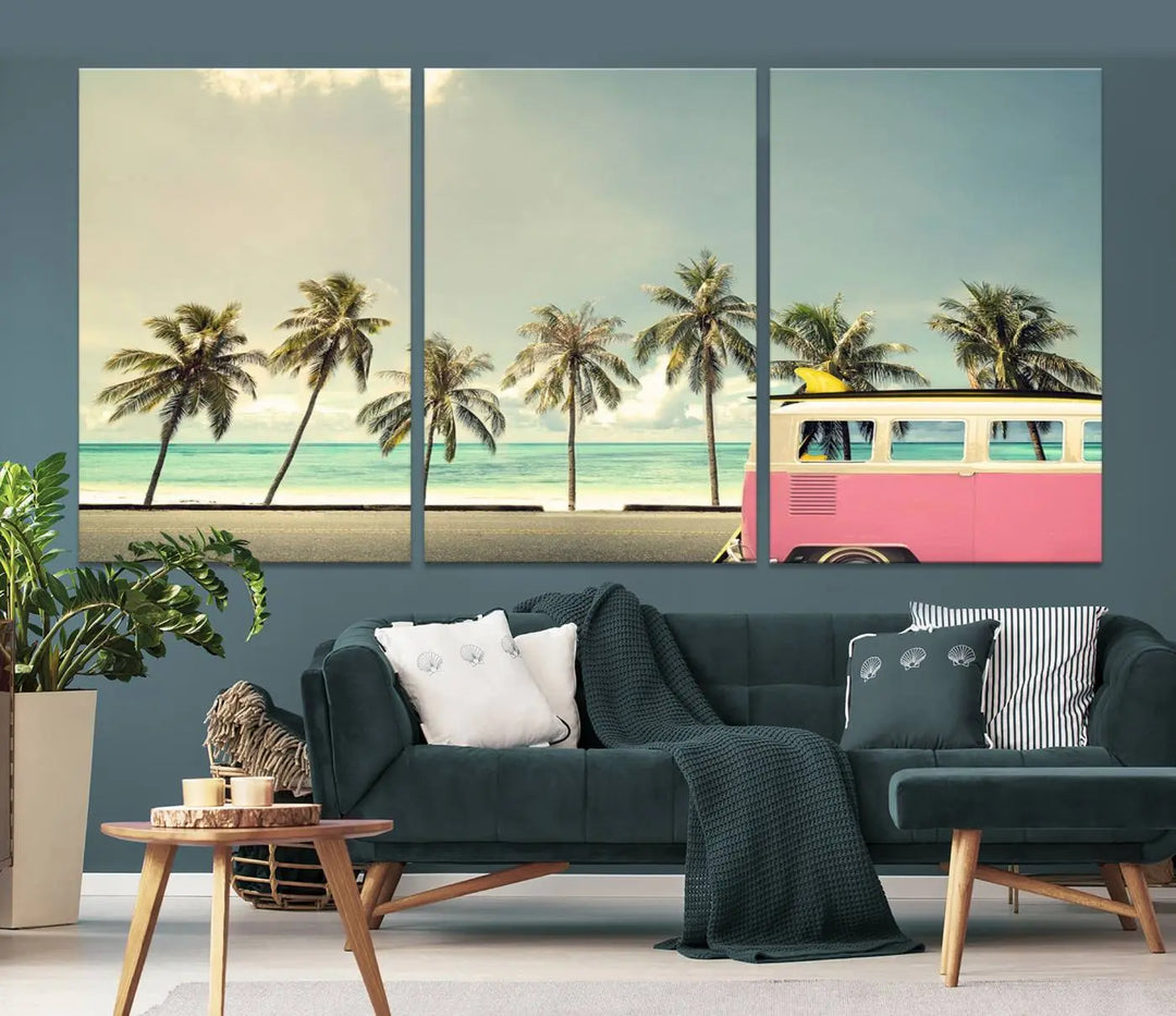 The Nostalgia Lovely Summer Day Canvas Wall Art Print in the modern living room showcases a tropical triptych with palm trees and a vintage van on museum-quality canvases, ready to hang.