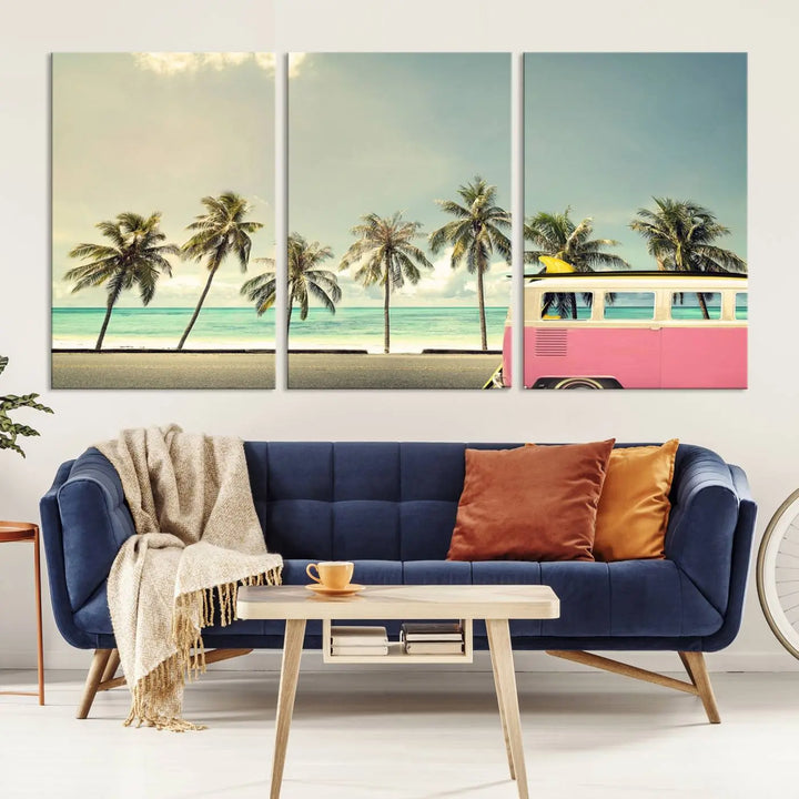 The Nostalgia Lovely Summer Day Canvas Wall Art Print in the modern living room showcases a tropical triptych with palm trees and a vintage van on museum-quality canvases, ready to hang.