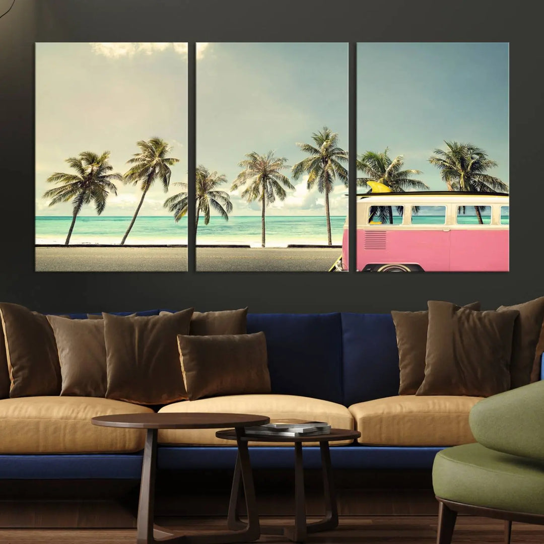 The Nostalgia Lovely Summer Day Canvas Wall Art Print in the modern living room showcases a tropical triptych with palm trees and a vintage van on museum-quality canvases, ready to hang.