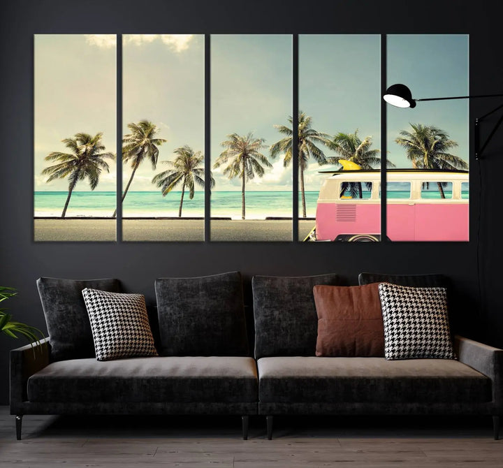 The Nostalgia Lovely Summer Day Canvas Wall Art Print in the modern living room showcases a tropical triptych with palm trees and a vintage van on museum-quality canvases, ready to hang.