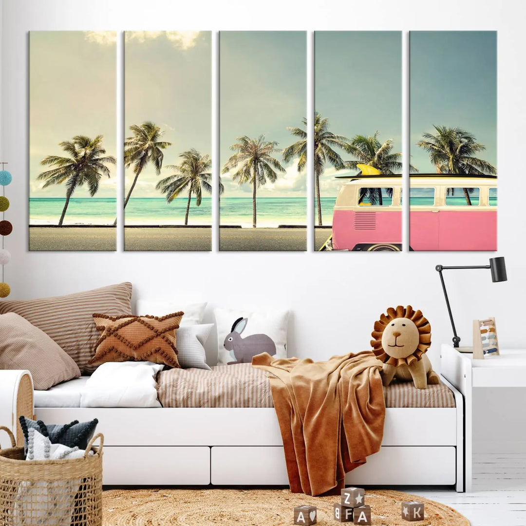 The Nostalgia Lovely Summer Day Canvas Wall Art Print in the modern living room showcases a tropical triptych with palm trees and a vintage van on museum-quality canvases, ready to hang.