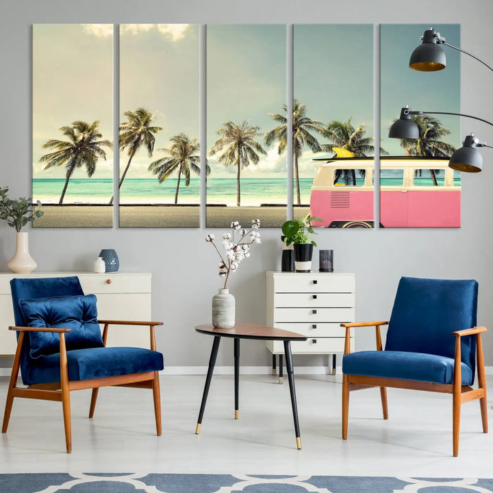 The Nostalgia Lovely Summer Day Canvas Wall Art Print in the modern living room showcases a tropical triptych with palm trees and a vintage van on museum-quality canvases, ready to hang.