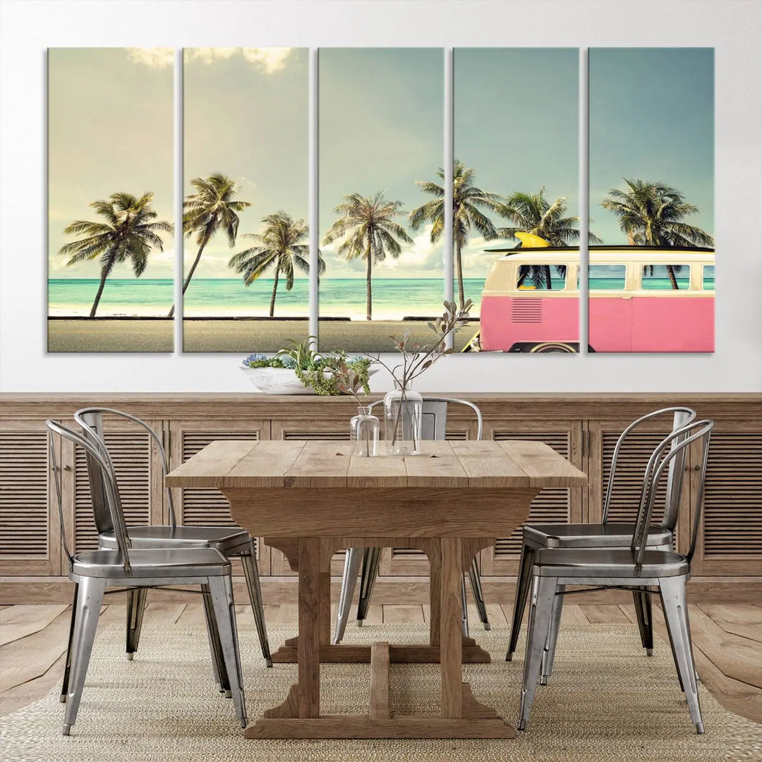 The Nostalgia Lovely Summer Day Canvas Wall Art Print in the modern living room showcases a tropical triptych with palm trees and a vintage van on museum-quality canvases, ready to hang.