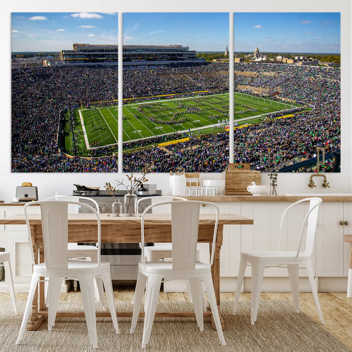 The dining area showcases the stunning Notre Dame Fighting Irish Football Team Print - Notre Dame Stadium Wall Art Canvas Print, renowned for its gallery-quality finish.