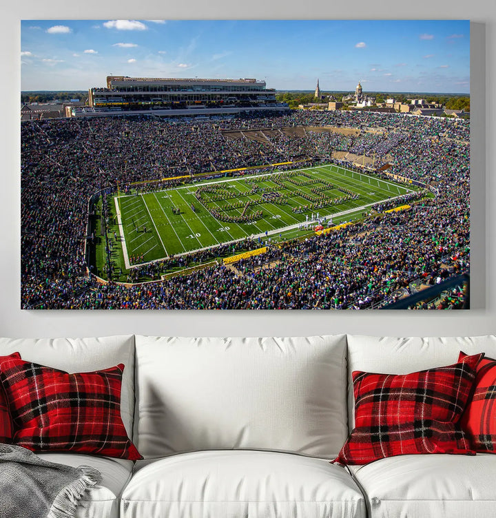 The dining area showcases the stunning Notre Dame Fighting Irish Football Team Print - Notre Dame Stadium Wall Art Canvas Print, renowned for its gallery-quality finish.