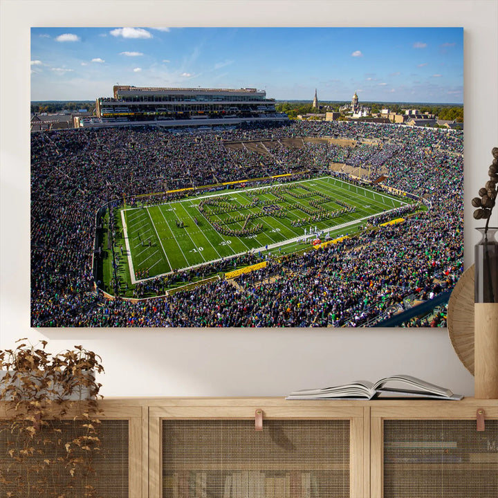 The dining area showcases the stunning Notre Dame Fighting Irish Football Team Print - Notre Dame Stadium Wall Art Canvas Print, renowned for its gallery-quality finish.