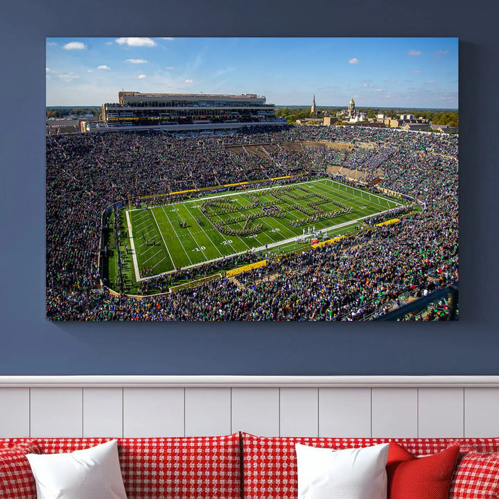 The dining area showcases the stunning Notre Dame Fighting Irish Football Team Print - Notre Dame Stadium Wall Art Canvas Print, renowned for its gallery-quality finish.