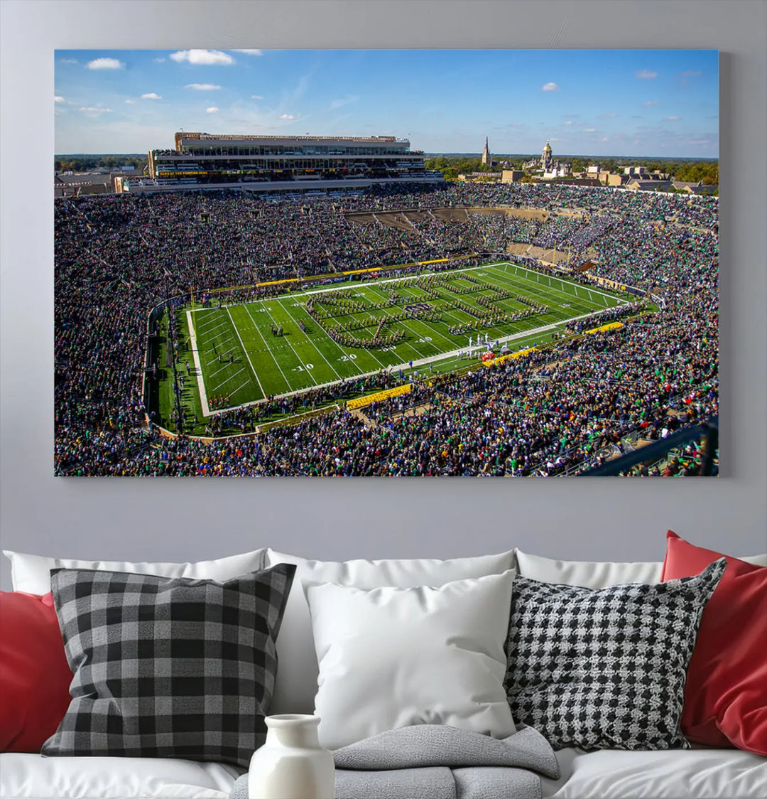 The dining area showcases the stunning Notre Dame Fighting Irish Football Team Print - Notre Dame Stadium Wall Art Canvas Print, renowned for its gallery-quality finish.