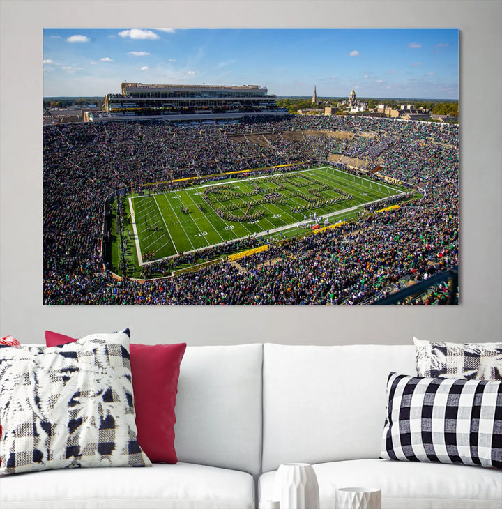 The dining area showcases the stunning Notre Dame Fighting Irish Football Team Print - Notre Dame Stadium Wall Art Canvas Print, renowned for its gallery-quality finish.