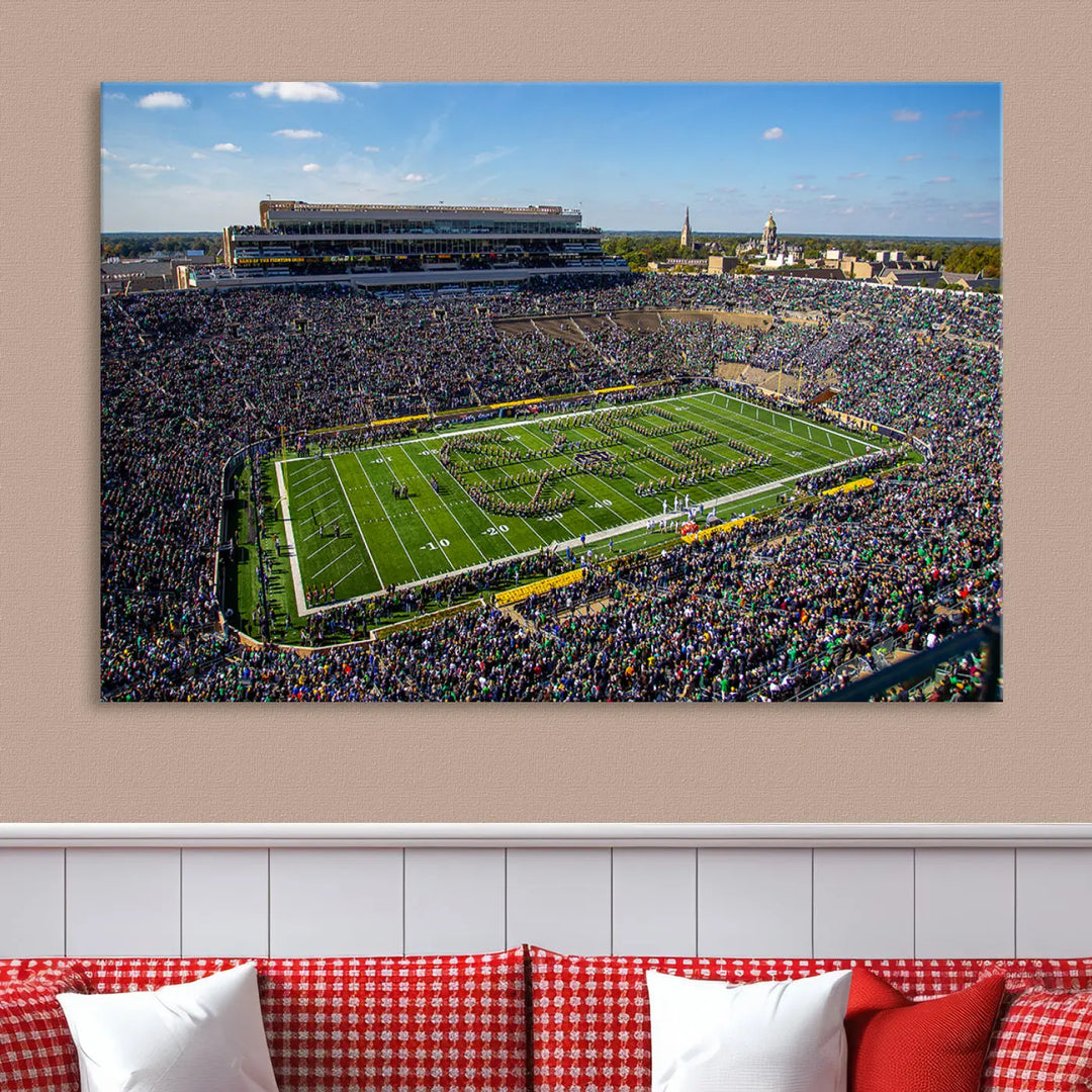 The dining area showcases the stunning Notre Dame Fighting Irish Football Team Print - Notre Dame Stadium Wall Art Canvas Print, renowned for its gallery-quality finish.