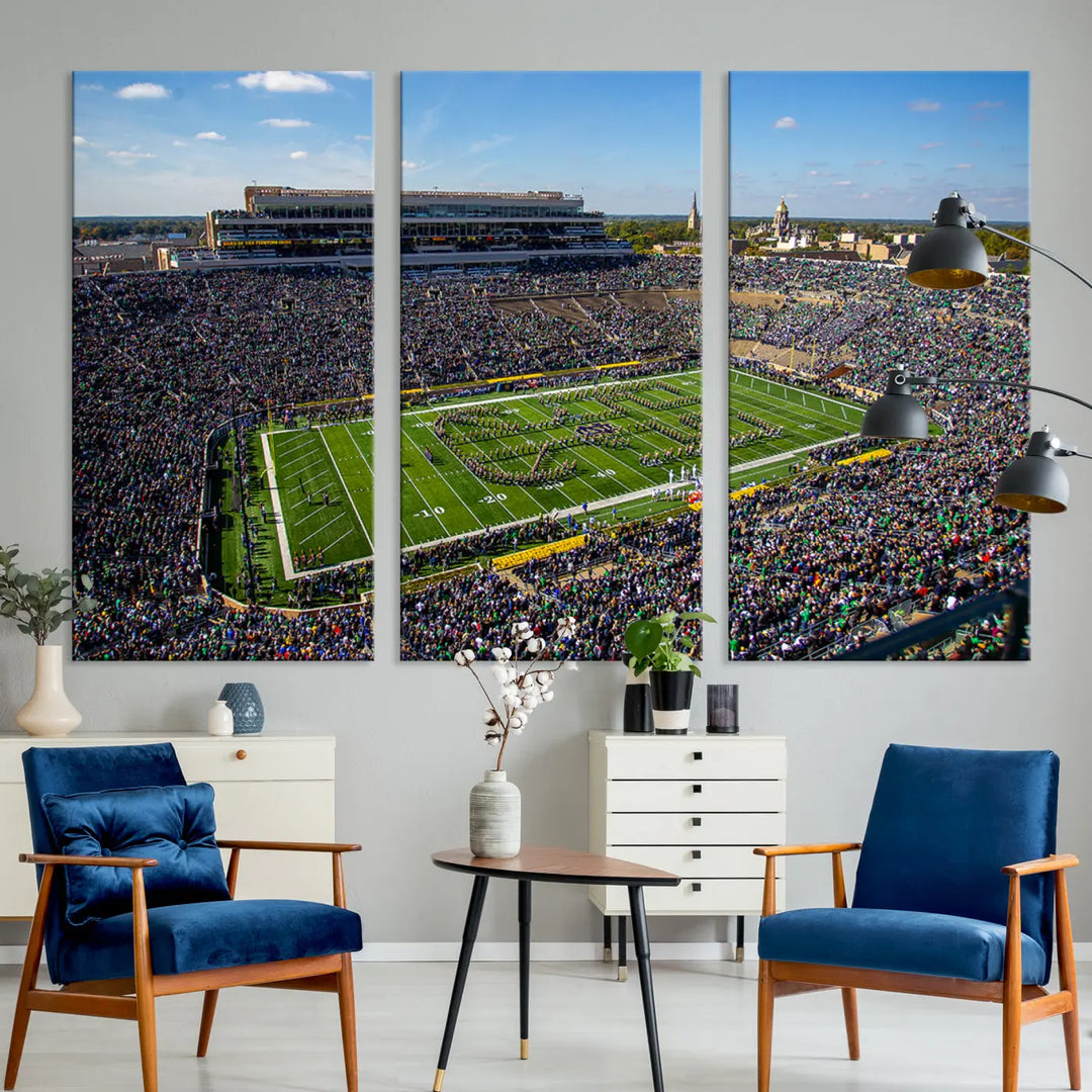 The dining area showcases the stunning Notre Dame Fighting Irish Football Team Print - Notre Dame Stadium Wall Art Canvas Print, renowned for its gallery-quality finish.